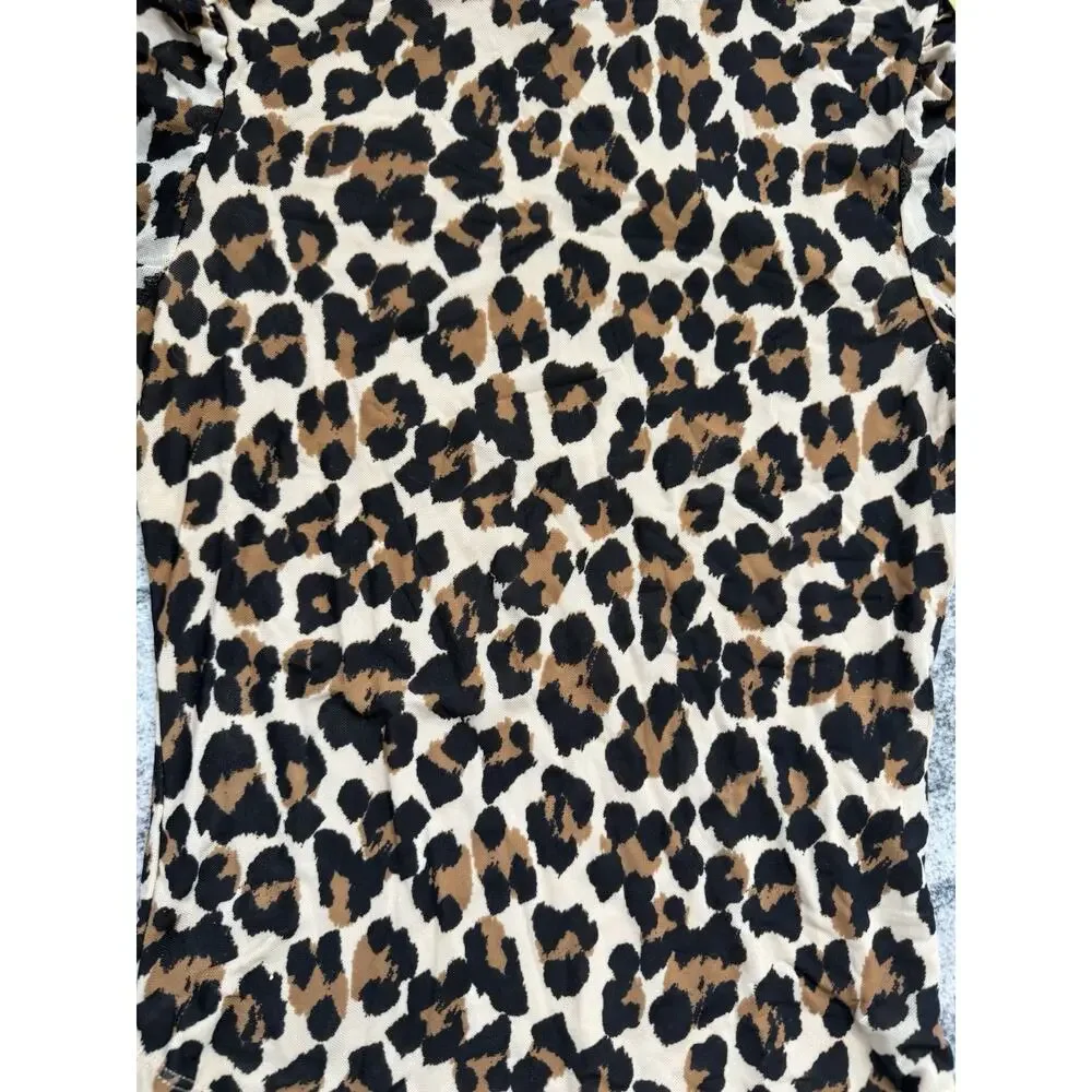 Free People Women's Gather Leopard Turtleneck Mesh Top Sz XS Animal Print